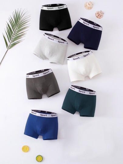 SHEIN 7 pièces/Set Boxers minimalistes basiques amples et confortables pour garçons avec imprimé de lettres anglaises sur la ceinture, noir, bleu marine, gris foncé, blanc, violet, pour l'entraînement d'été et la danse