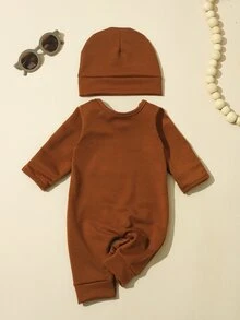 SHEIN 2件組新生兒男嬰攝影服裝 小弟弟嬰兒拍照道具 巧克力棕色 深棕色 秋季可愛風 - 棕色 - 查看 5