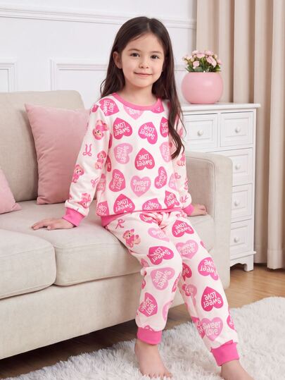 1set Young Girls Pajamas, Snug Fit English Heart Print White Autumn/Winter Fairy Night Sleepwear, Contrast Color Round Neck Long Sleeve Pants Pajama
