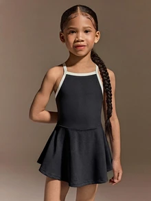 少女夏季運動體操運動服連身裙，無袖網球羽球舞蹈裙，冰絲防曬訓練連身褲，黑色 - 黑色 - 查看 9