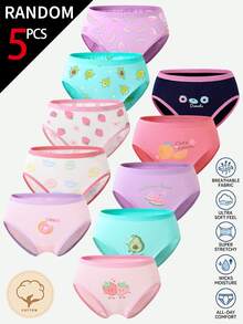 SHEIN 5件隨機款女童幼兒內褲 冬季日常 嬰兒粉色白色 卡通檸檬酪梨草莓甜甜圈水果印花 柔軟棉質內衣 - 彩色 - 查看 5