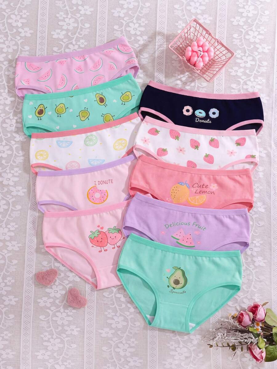 SHEIN 5件隨機款女童幼兒內褲 冬季日常 嬰兒粉色白色 卡通檸檬酪梨草莓甜甜圈水果印花 柔軟棉質內衣
