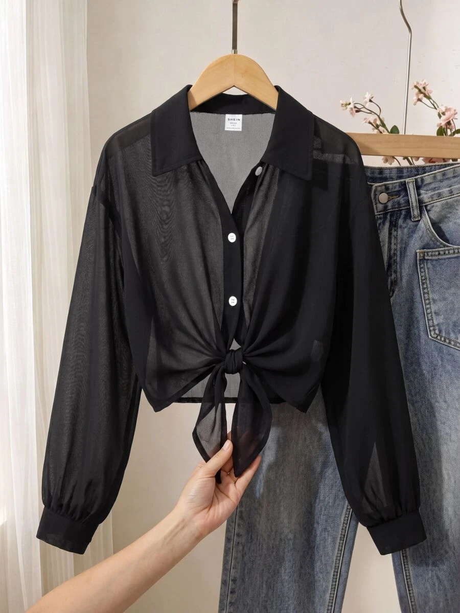 Girls' Casual Lightweight Long Sleeve Buttoned Black Polyester Breathable Classic Easy-CareSoft-Touch Bold Chic Shirt Fall Winter, Fall Tops