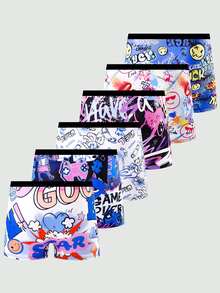 SHEIN Teenage Boys' Video Game Graffiti Gradient Relay Race Smiling Face Print Briefs, Cool Faces, Hearts, Stars, Black White Summer Swimming Brown Baggy - Multicolor - View 3