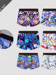SHEIN Teenage Boys' Video Game Graffiti Gradient Relay Race Smiling Face Print Briefs, Cool Faces, Hearts, Stars, Black White Summer Swimming Brown Baggy - Multicolor - View 2