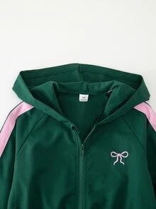 SHEIN Tween女孩秋季穿搭 粉色與白色 3件組側條紋拉鍊短版連帽衫背心寬腿褲套裝 可愛蝴蝶結運動風校園休閒服 - 綠色 - 查看 10