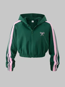 SHEIN Tween女孩秋季穿搭 粉色與白色 3件組側條紋拉鍊短版連帽衫背心寬腿褲套裝 可愛蝴蝶結運動風校園休閒服 - 綠色 - 查看 7