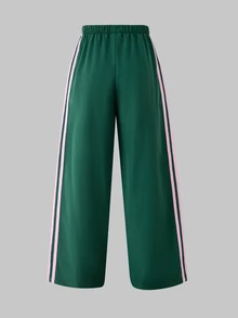 SHEIN Tween女孩秋季穿搭 粉色與白色 3件組側條紋拉鍊短版連帽衫背心寬腿褲套裝 可愛蝴蝶結運動風校園休閒服 - 綠色 - 查看 8