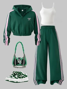 SHEIN Tween女孩秋季穿搭 粉色與白色 3件組側條紋拉鍊短版連帽衫背心寬腿褲套裝 可愛蝴蝶結運動風校園休閒服 - 綠色 - 查看 4