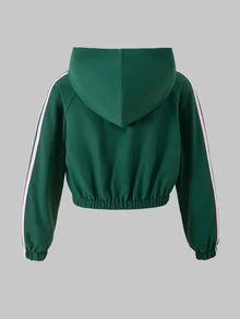 SHEIN Tween女孩秋季穿搭 粉色與白色 3件組側條紋拉鍊短版連帽衫背心寬腿褲套裝 可愛蝴蝶結運動風校園休閒服 - 綠色 - 查看 5