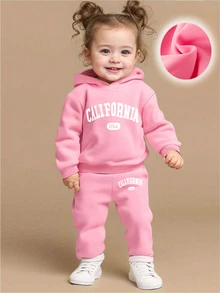2pcs Baby Girl Funny Letter Print Hooded Sweatshirt And Long Pants Set, Autumn Winter Party School Gym Vacation Vacation Pink Cute Athletic Graphic - Pink - View 3