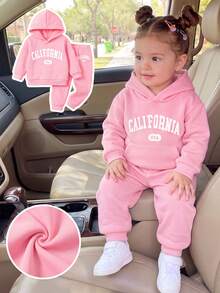 2pcs Baby Girl Funny Letter Print Hooded Sweatshirt And Long Pants Set, Autumn Winter Party School Gym Vacation Vacation Pink Cute Athletic Graphic - Pink - View 1
