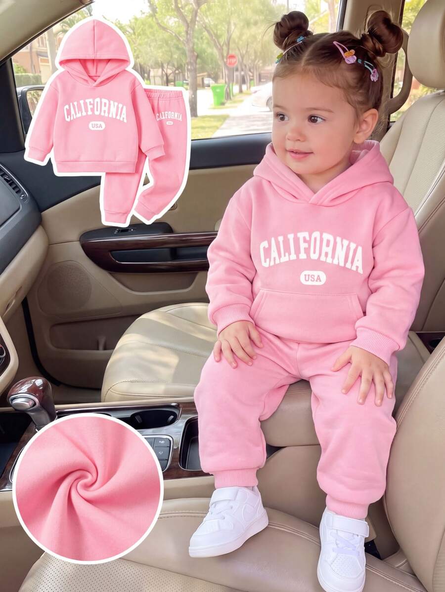 2pcs Baby Girl Funny Letter Print Hooded Sweatshirt And Long Pants Set, Autumn Winter Party School Gym Vacation Vacation Pink Cute Athletic Graphic - Pink - View 1