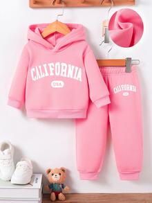 2pcs Baby Girl Funny Letter Print Hooded Sweatshirt And Long Pants Set, Autumn Winter Party School Gym Vacation Vacation Pink Cute Athletic Graphic - Pink - View 4
