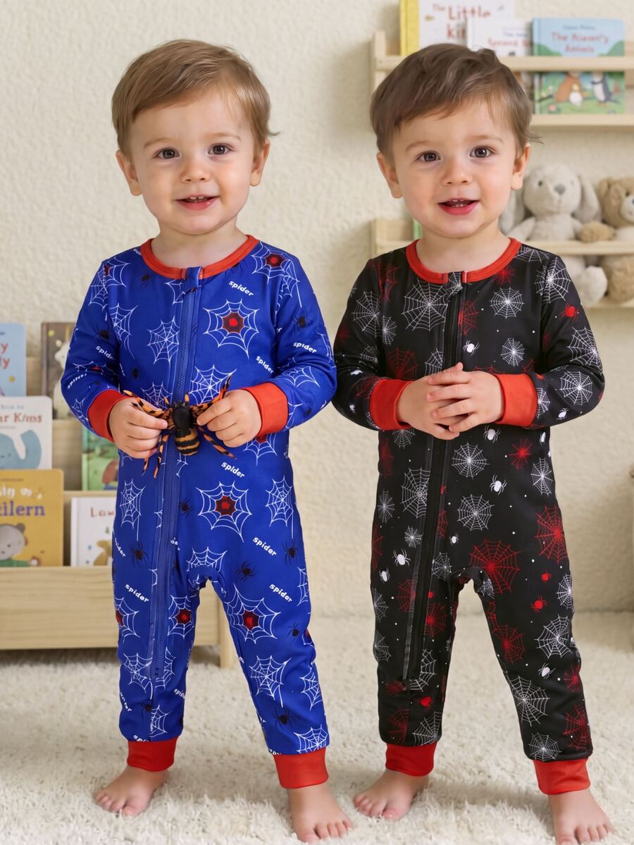 Baby Boy Autumn/Winter Knitted Fun Graffiti Red Black Blue Spider And Web Pattern Colorblock 2 Pieces Set Snug Fit Crew Neck Zip-Up Long Sleeve - Multicolor - View 1