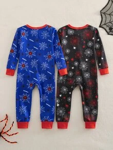 Baby Boy Autumn/Winter Knitted Fun Graffiti Red Black Blue Spider And Web Pattern Colorblock 2 Pieces Set Snug Fit Crew Neck Zip-Up Long Sleeve - Multicolor - View 2