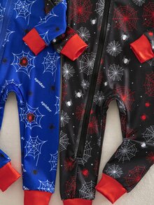 Baby Boy Autumn/Winter Knitted Fun Graffiti Red Black Blue Spider And Web Pattern Colorblock 2 Pieces Set Snug Fit Crew Neck Zip-Up Long Sleeve - Multicolor - View 6