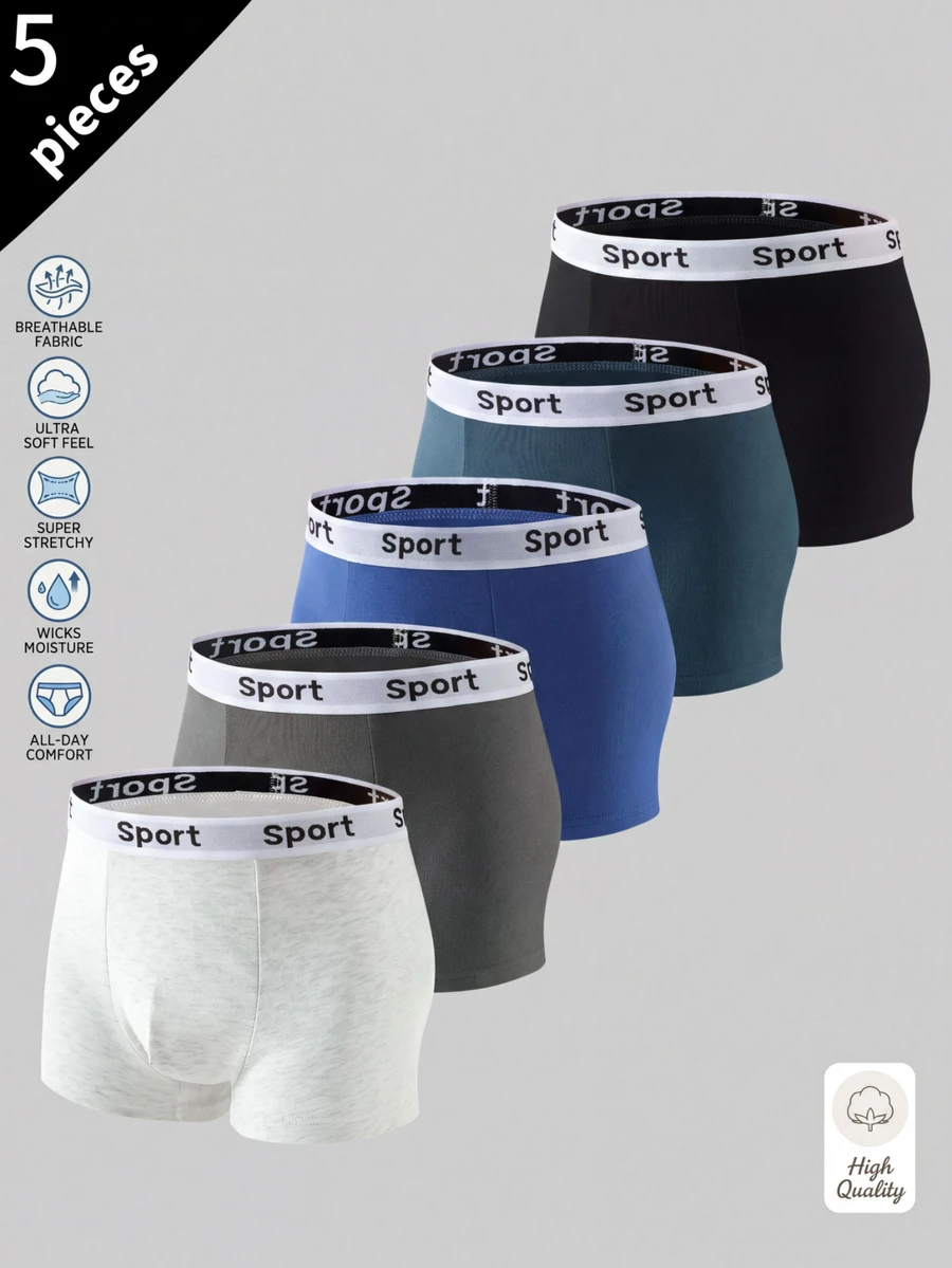 5pcs/Pack Solid Color Comfortable Soft Boxer Briefs For Teenage Boys, Christmas Gifts For Teen Boy, Black Grey White Summer Baggy Gym Beach Low Rise - Multicolor - View 1
