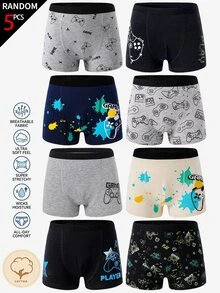 【5件隨機款】幼兒男童純棉四角內褲，柔軟四季通用遊戲印花內褲，嬰兒粉色，適合夏季、幼兒園、如廁訓練、秋冬穿著 - 彩色 - 查看 10
