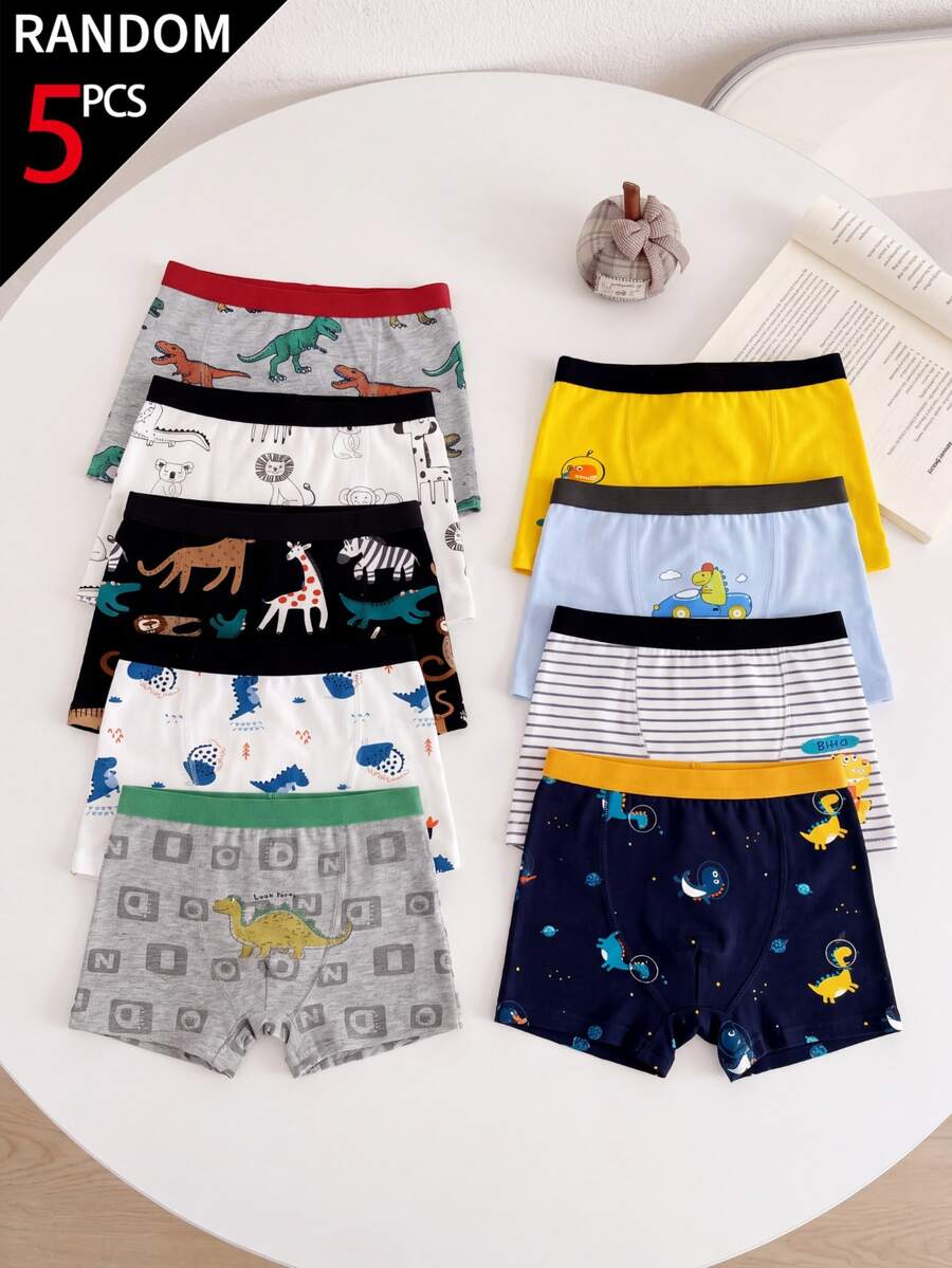 SHEIN [5 Random Piece] Young Boys Soft Cotton Briefs Lovely Dinosaur Prints Elastic Waistband Stretch Breathable Kids Underwear Baby Purple Baby Pink Fall Beach