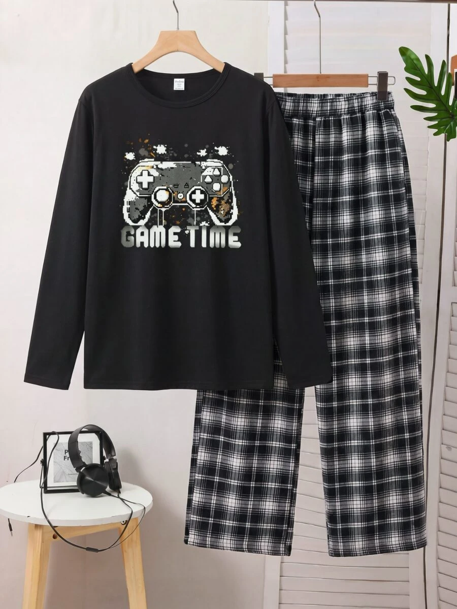 SHEIN 2件組大童休閒寬鬆工裝圓領長袖電玩圖案印花衛衣與格紋長褲睡衣套裝,舒適秋冬款 - 彩色 - 查看 1