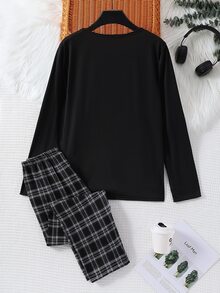 SHEIN 2件組大童休閒寬鬆工裝圓領長袖電玩圖案印花衛衣與格紋長褲睡衣套裝，舒適秋冬款 - 彩色 - 查看 2
