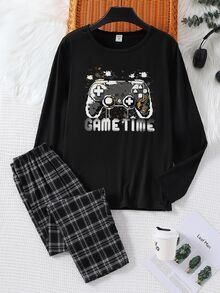 SHEIN 2件組大童休閒寬鬆工裝圓領長袖電玩圖案印花衛衣與格紋長褲睡衣套裝，舒適秋冬款 - 彩色 - 查看 4
