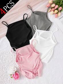 4pcs Girls Basic Solid Color Camisole Underwear Set Winter Postpartum Girls Trip White Black Pink Modest Cute Tight School Grey - Multicolor - View 6