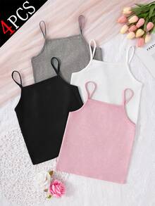 4pcs Girls Basic Solid Color Camisole Underwear Set Winter Postpartum Girls Trip White Black Pink Modest Cute Tight School Grey - Multicolor - View 4
