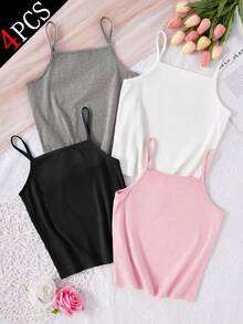4pcs Girls Basic Solid Color Camisole Underwear Set Winter Postpartum Girls Trip White Black Pink Modest Cute Tight School Grey - Multicolor - View 2