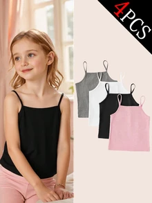 4pcs Girls Basic Solid Color Camisole Underwear Set Winter Postpartum Girls Trip White Black Pink Modest Cute Tight School Grey - Multicolor - View 5