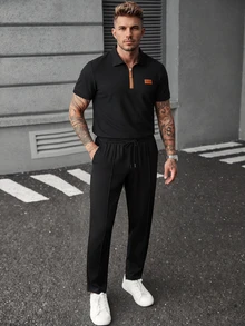 Manfinity CasualCool Men's Letter Print Denim Short Sleeve Polo Shirt And Drawstring Waist Pants Casual Set - Black - View 1