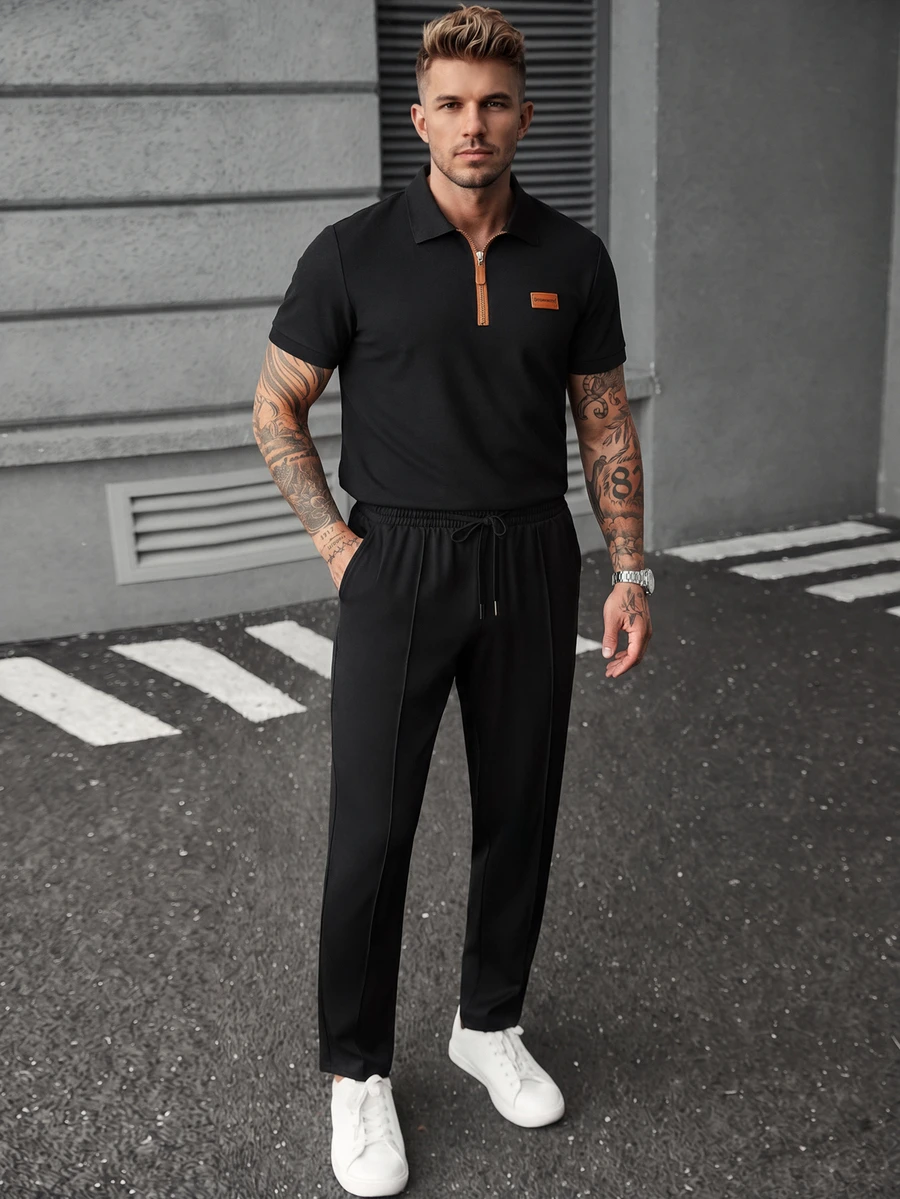 Manfinity CasualCool Men's Letter Print Denim Short Sleeve Polo Shirt And Drawstring Waist Pants Casual Set - Black - View 1