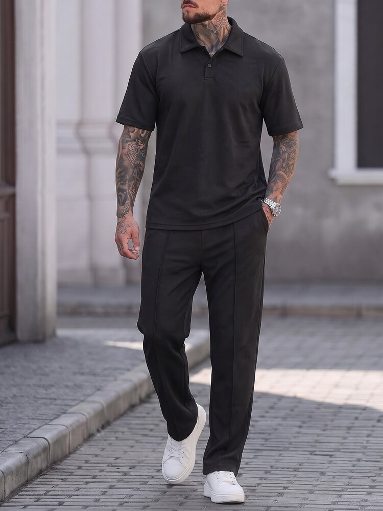 Manfinity CasualCool Men's Textured Jacquard 2 Pieces Set, Textured Jacquard Short Sleeve Polo Shirt + Textured Jacquard Long Pants, Casual Daily Commute - Black - View 2
