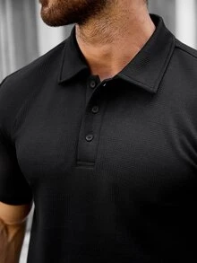 Manfinity CasualCool 男士紋理提花兩件套，紋理提花短袖 Polo 衫 + 紋理提花長褲，休閒日常通勤 - 黑色 - 查看 7