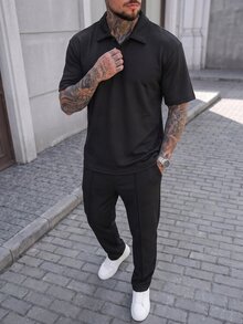Manfinity CasualCool 男士紋理提花兩件套，紋理提花短袖 Polo 衫 + 紋理提花長褲，休閒日常通勤 - 黑色 - 查看 3