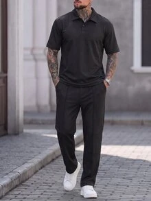 Manfinity CasualCool 男士紋理提花兩件套，紋理提花短袖 Polo 衫 + 紋理提花長褲，休閒日常通勤 - 黑色 - 查看 4