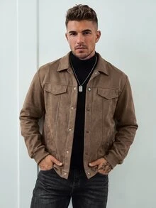 Manfinity Homme 男士长袖单排扣休闲宽松绒面革羊毛夹克棕色夹克男士短款男士夹克男士摩卡飞行员夹克 - 棕色 - 查看 1