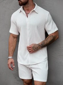 Manfinity CasualCool Men's Jacquard Textured Striped Short Sleeve Shirt And Shorts Set - White - View 5