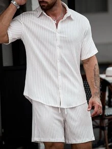 Manfinity CasualCool Men's Jacquard Textured Striped Short Sleeve Shirt And Shorts Set - White - View 6