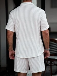 Manfinity CasualCool Men's Jacquard Textured Striped Short Sleeve Shirt And Shorts Set - White - View 7