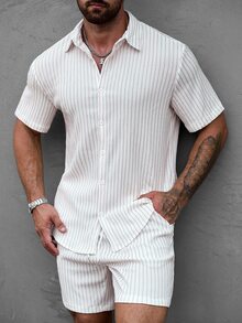 Manfinity CasualCool Men's Jacquard Textured Striped Short Sleeve Shirt And Shorts Set - White - View 3