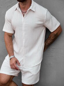 Manfinity CasualCool Men's Jacquard Textured Striped Short Sleeve Shirt And Shorts Set - White - View 2