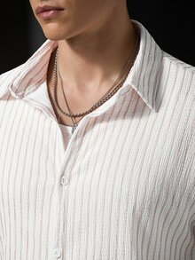 Manfinity CasualCool Men's Jacquard Textured Striped Short Sleeve Shirt And Shorts Set - White - View 8