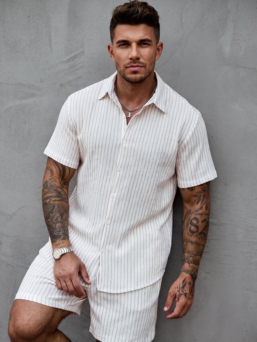 Manfinity CasualCool Men's Jacquard Textured Striped Short Sleeve Shirt And Shorts Set - White - View 1