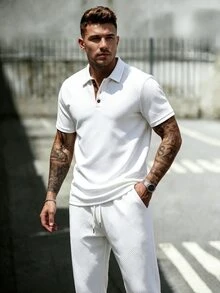 Manfinity CasualCool 男士春夏 Polo 套裝，白色紋理面料搭配對比咖啡色，成熟休閒短袖上衣與長褲 - 白色 - 查看 1