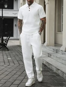 Manfinity CasualCool 男士春夏 Polo 套裝，白色紋理面料搭配對比咖啡色，成熟休閒短袖上衣與長褲 - 白色 - 查看 3