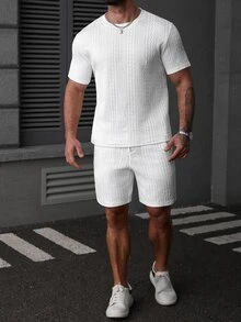 Manfinity CasualCool 男士休闲纹理短袖T恤和短裤套装 - 白色 - 查看 6