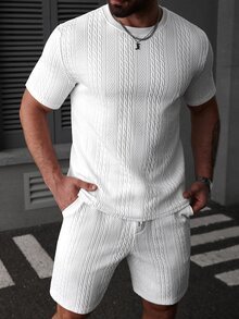 Manfinity CasualCool 男士休闲纹理短袖T恤和短裤套装 - 白色 - 查看 5