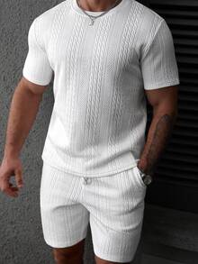 Manfinity CasualCool 男士休闲纹理短袖T恤和短裤套装 - 白色 - 查看 3
